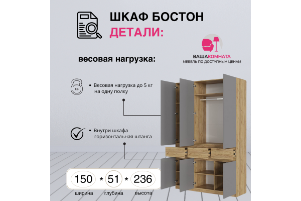 Шкаф трехдверный "БОСТОН" ШК-002 1,5 м